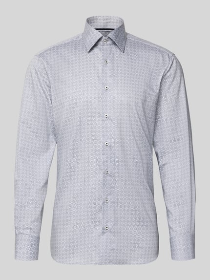 Produktfoto, Regular fit Business Hemd aus Baumwolle mit Kentkragen von ETERNA, feines Muster, Knopfleiste, Weiß und Blau, Größe 40, Rückenlänge 80 cm, Schulterbreite 47 cm, Ärmellänge 65 cm.
