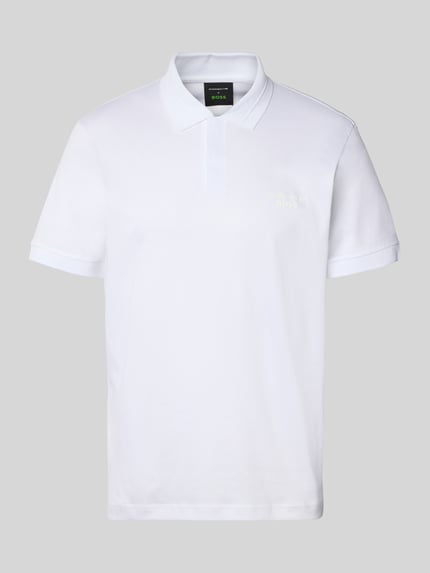 Produktfoto, Regular Fit Poloshirt aus reiner Baumwolle Modell 'PS Spirit 70 Plk' von BOSS Green X PORSCHE, weiß, kurzarm, unifarben, Polokragen, Label-Schriftzug, 4 Way Stretch, strukturierte Oberfläche