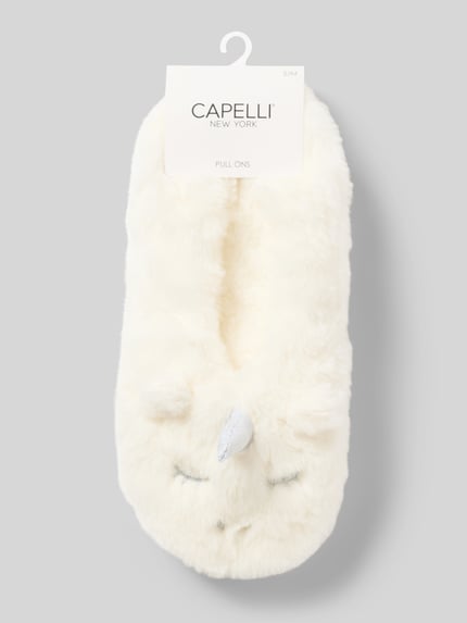 Produktfoto, Kuschelsocken mit Noppen Modell 'Unicorn' von CAPELLI NEW YORK in Weiß mit Zier-Applikationen, weiche Plüschtextur