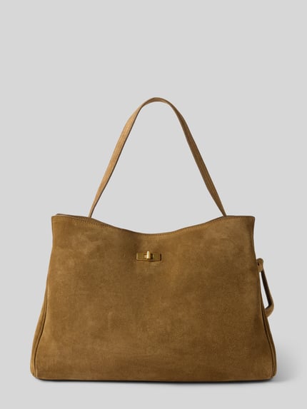 Produktfoto, Handtasche aus reinem Leder Modell 'Valentin' von MANGO in Braun, glatte Textur, goldener Klickverschluss, rechteckige Form, Breite 32 cm, Länge 26 cm, Tiefe 12 cm, Schulterriemen 54 cm, Innenfach mit Reißverschluss