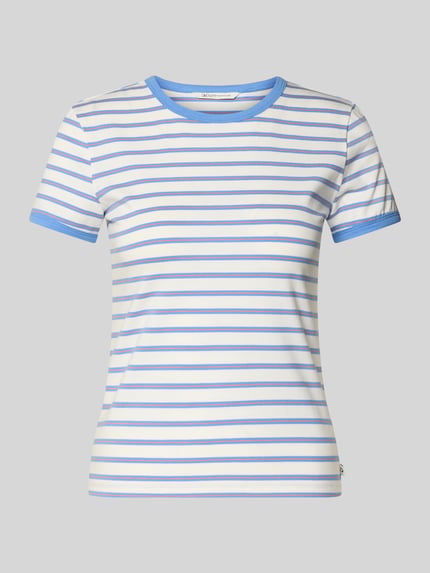 Produktfoto, Regular Fit T-Shirt aus Baumwoll-Mix von Tom Tailor Denim damski t-shirt w paski, okrągły dekolt, krótki rękaw, mieszanka bawełny, wzór w paski, aplikacja z metką, jasnoniebiesko-białe paski, dżersej