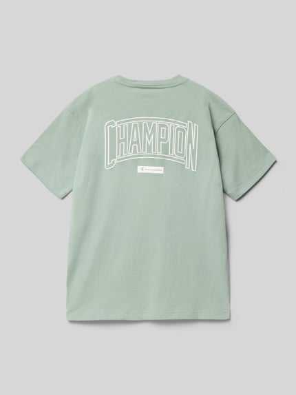 Productfoto, T-Shirt met Label-Print en ronde hals van CHAMPION, katoen, regular fit, ruglengte bij maat 140 is 56 cm, lichtgroen, grote witte print.