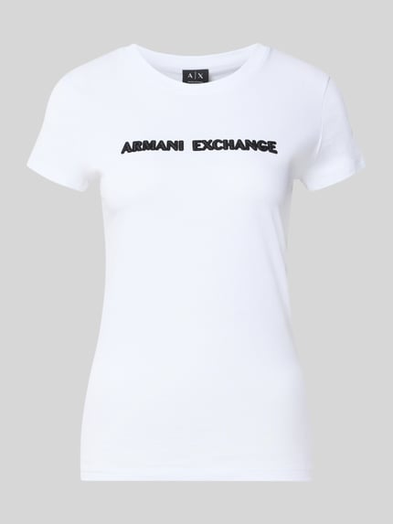 Produktfoto, Slim Fit T-Shirt aus reiner Baumwolle von Armani Exchange, damski t-shirt, czysta bawełna, krój slim fit, detal z logo, okrągły dekolt, długość tyłu w rozmiarze S: 59 cm