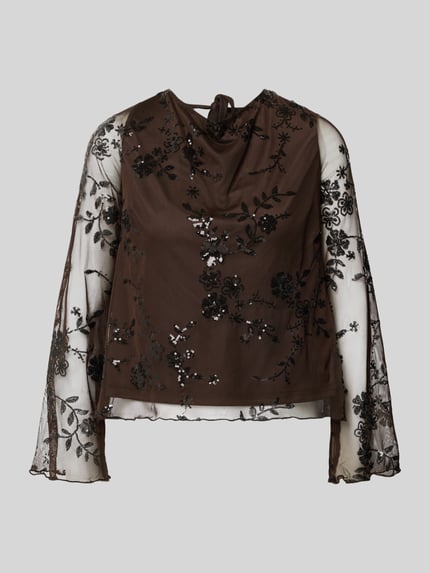 Produktfoto, Kurze Langarmbluse mit Paillettenapplikation von PIECES, brauner Chiffon mit floraler Spitze, Pailletten, semitransparent