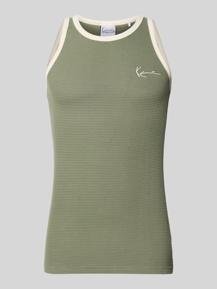 Produktfoto, Slim Fit Top mit Logo-Stitching von KARL KANI in Olivgrün mit Strukturmuster aus Reine Baumwolle, Rundhalsausschnitt, Rückenlänge 68 cm bei Größe M