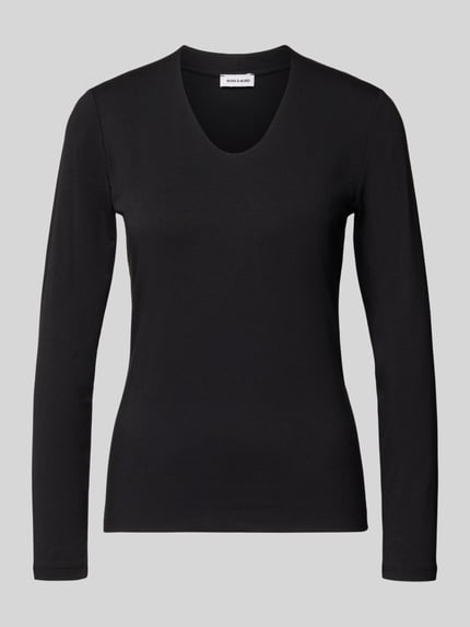 Produktfoto, Longsleeve mit V-Ausschnitt von MORE & MORE aus schwarzem Baumwoll-Mix mit Modal-Anteil, krój regular fit, 62 cm długości pleców, damska