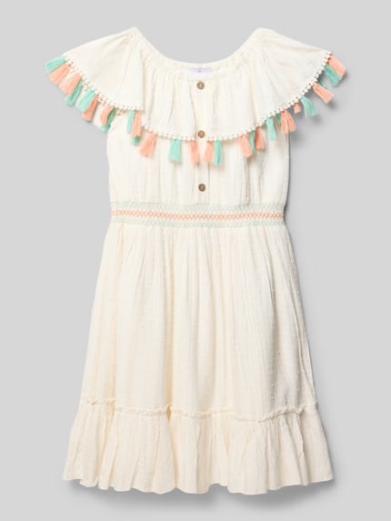 Productfoto, kinderen jurk van viscosemix in A-lijn met pompons, knoopsluiting, ronde hals, ruglengte maat 140 75 cm, Kleid aus Viskose-Mix mit Bommeln van DANAMADE