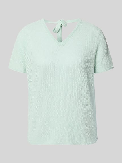 Produktfoto, T-Shirt in Strick-Optik mit V-Ausschnitt von Rich & Royal, Damen T-Shirt aus Baumwoll-Mix, Straight Fit, Rückenlänge 40 cm, mintgrün, feine Textur