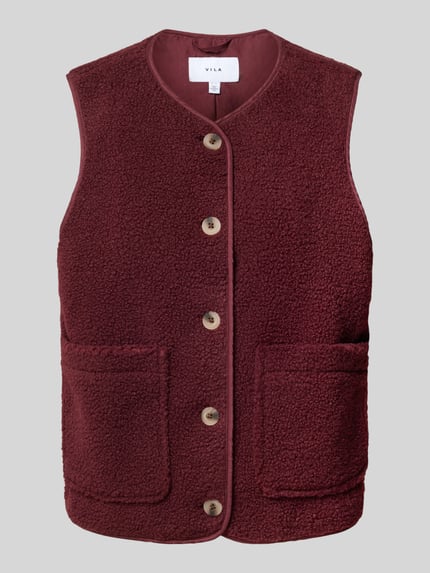 Produktfoto, Fleeceweste mit aufgesetzten Taschen Modell 'ADA' von VILA in weinrot, Teddyfell-Textur, Regular Fit, Knopfleiste, Damen Fleeceweste