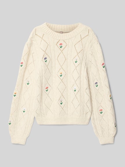 ONLY Regular Fit Pullover mit Lochstrick Modell 'FLOWER' Ecru 1