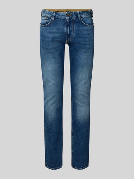 Produktfoto, Slim Fit Jeans im 5-Pocket-Design von Emporio Armani, blauer Baumwoll-Mix mit Stretch, sichtbare Waschung, neutrale Studioaufnahme