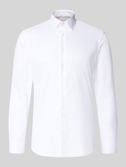 Produktfoto, weißes Super Slim Fit Businesshemd aus reiner Baumwolle von Jake*s vor grauem Hintergrund, glatte Struktur