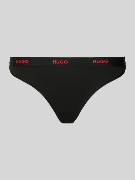 Produktfoto, czarne stringi damskie z mieszanki bawełny, napis z logo HUGO na elastycznym ściągaczu, Model 'HUGO ID THONG' od HUGO, efekt: jednolity kolor