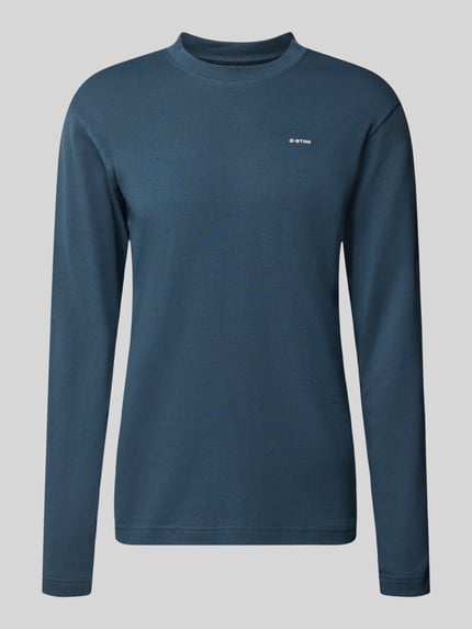 Produktfoto, Langarmshirt mit Logo-Schriftzug von G-Star RAW in Dunkelblau, Strukturmuster, Regular Fit, Rundhalsausschnitt, Jersey-Material.