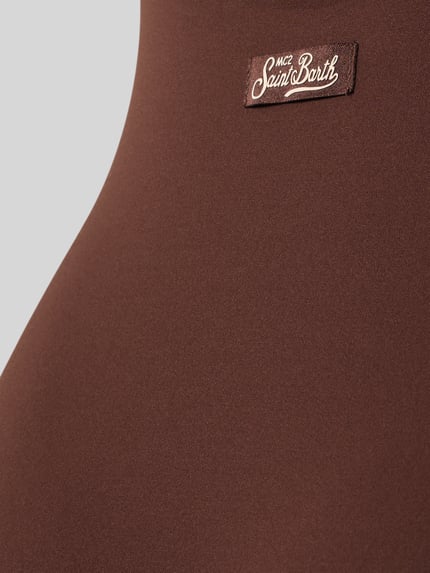Produktfoto, Badeanzug mit Label-Detail Modell 'CASSANDRA' von MC2 Saint Barth aus braunem Material-Mix mit Stretch-Anteil und glatter Textur.