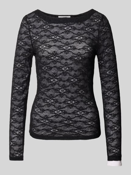 Produktfoto, czarna bluzka z długim rękawem z koronki Model 'PRIYA' od b.young, Mieszanka materiałów z dodatkiem streczu, krój slim fit, okrągły dekolt, Długość tyłu w rozmiarze S: 56 cm