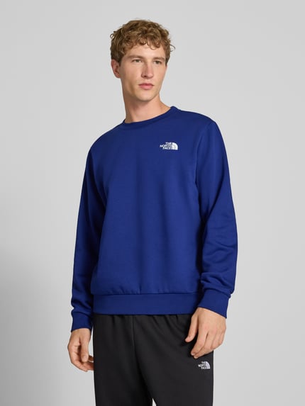 Männermodel trägt Regular Fit Hoodie mit Logo-Detail Modell "EVOLUTION BOX" von The North Face in Blau, Baumwoll-Mix, Ganzkörperansicht von vorne