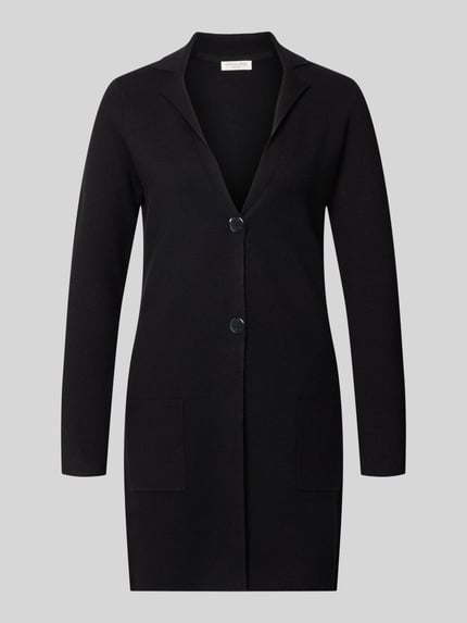 Produktfoto, Slim Fit Cardigan aus Viskose-Mix in Strick-Optik von Christian Berg Woman, czarny, długi rękaw, dekolt w serek, Listwa z 2 guzikami, Mieszanka wiskozy, Imitacja dzianiny, Długość tyłu w rozmiarze S: 84 cm, Długość rękawów w rozmiarze S: 60 cm