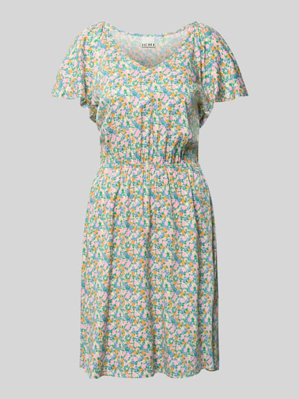 Produktfoto, mini-jurk van viscosemix met bloemenprint, getailleerd, met korte mouwen, V-hals, model 'Aya' van ICHI, all-over print