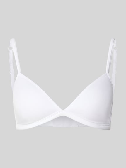 Produktfoto, BH in Triangel-Form mit Hakenverschluss von SKINY aus weißem Baumwoll-Elasthan-Mix, glatte Oberfläche, verstellbare Träger