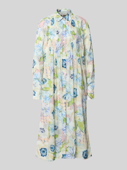 Produktfoto, Relaxed Fit Midikleid aus reiner Baumwolle von Christian Berg Woman mit floraler Musterung, langen Ärmeln, Knopfleiste, feine Falten, weiche Textur