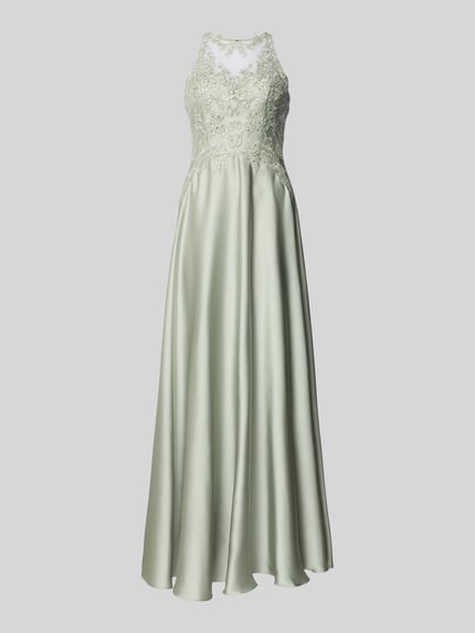 Produktfoto, Abendkleid mit floralem Stitching von Luxuar in zartem Mint, semitransparentes Oberteil, taillierte Passform, Ziersteinbesatz, ärmellos, fließende Silhouette, Größe 36: Rückenlänge 157 cm, Brustweite 40 cm