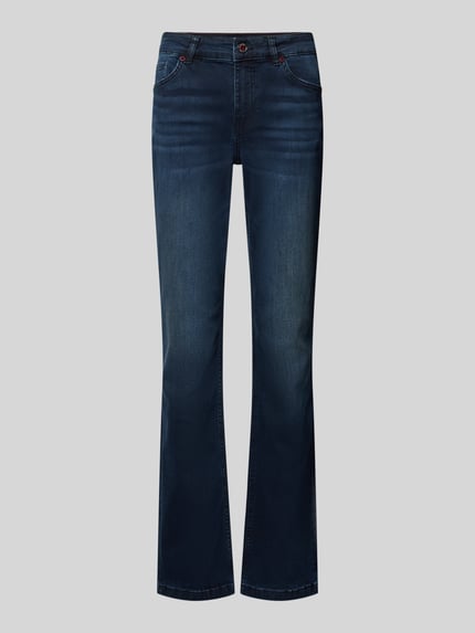 Produktfoto, granatowe jeansy Flared Fit Jeans aus elastischem Baumwoll-Mix Modell 'Ashley' od MOS MOSH, mieszanka bawełny, 5 kieszeni, szlufki na pasek, zapięcie na guzik i zamek błyskawiczny, Szerokość w rozmiarze 27: 38 cm, Długość wewnętrzna nogawki w rozmiarze 27: 81 cm, neutralna tekstura denim
