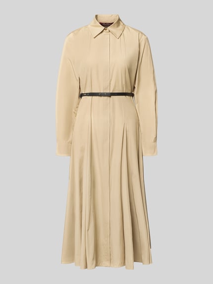 Produktfoto, Regular Fit Blusenkleid aus reiner Baumwolle Modell 'STAFFETTO' von Max Mara, Optik: Unifarben, Midi-Länge, Hemdblusenkragen, Teilungsnähte, Kellerfalten, gelegte Falten, verdeckte Knopfleiste, Gürtel, Langarm mit Manschette, glatte Struktur.