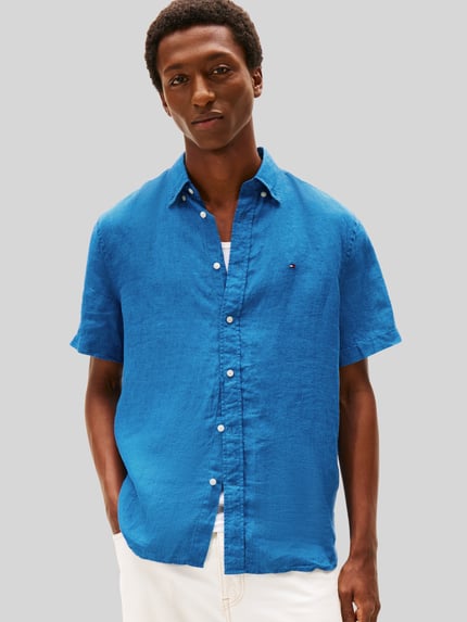 Tommy Hilfiger Regular Fit Kurzarmhemd aus reinem Leinen Jeansblau 4