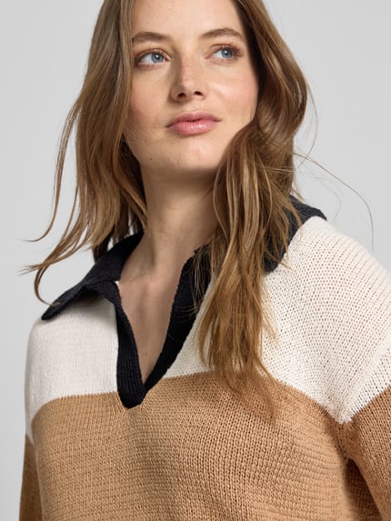 Oui Strickpullover mit V-Ausschnitt Camel 3