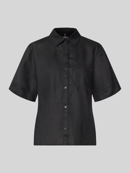 Produktfoto, Regular Fit Leinenbluse mit Logo-Stitching von Tommy Hilfiger, efekt: jednolity kolor, krój regular fit, kołnierzyk koszulowy, wyhaftowane logo, pas na plecach z zakładką, listwa guzikowa, rękaw: krótki rękaw, brustasza, materiał: len