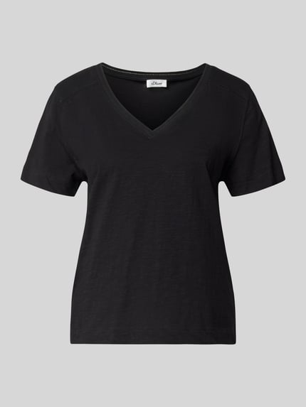 Productfoto, Relaxed Fit T-Shirt uit pure katoen van s.Oliver RED LABEL in melange-look, V-hals, korte mouwen, jerseystructuur, zwart