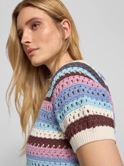 Jake*s Casual Gebreid shirt met ajourpatroon Bleu - 3