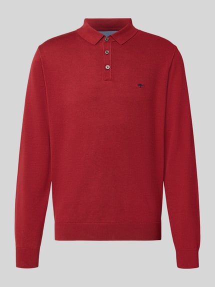 Produktfoto, Strickpullover mit Polokragen und Knopfleiste von Fynch-Hatton in Rot, reine Baumwolle, Regular Fit, feine Struktur