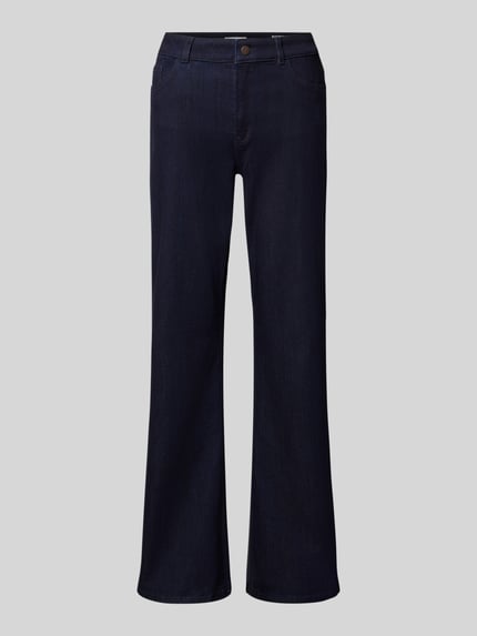 Productfoto, donkere blauwe Bootcut Fit Jeans aus elastischem Baumwoll-Mix van Christian Berg Woman, 5-pocket-design, riemlussen, knoop- en ritssluiting, taillebreedte maat 36/32: 38 cm, binnenbeenlengte maat 36/32: 77 cm