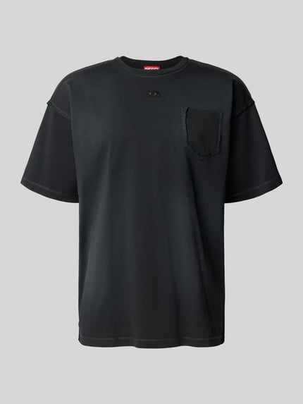 Produktfoto, T-Shirt mit Label-Stitching von Diesel aus reiner Baumwolle, schwarz, gerade Form, aufgesetzte Brusttasche, für Herren