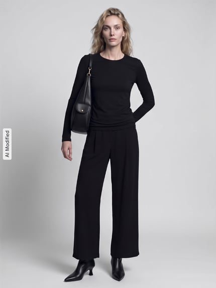 Frauenmodel trägt Regular Fit Langarmshirt aus Viskose-Mix Modell 'MULTIE' von Max Mara, Damen Langarmshirt von Weekend Max Mara, Ganzkörperansicht von vorne, KI-modifiziertes Bild.