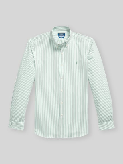 Produktfoto, Slim Fit Freizeithemd aus Baumwoll-Mix von Polo Ralph Lauren mit Optik:Allover-Muster, gestreift, Logo-Stitching, Langarm, Button-Down-Kragen, Sportmanschette, Flammgarn, grün-weiß.