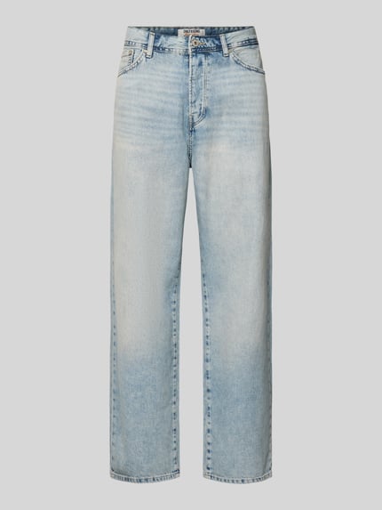 Produktfoto, Loose Fit Baggy Jeans aus reiner Baumwolle Modell 'FADE' von Only & Sons, denimlook, loose fit pasvorm, labelpatch, riemlussen, verdekte knoopsluiting, 5-pocketmodel, puur katoen, lichte blauwe kleur, rechte vorm, geruwde textuur