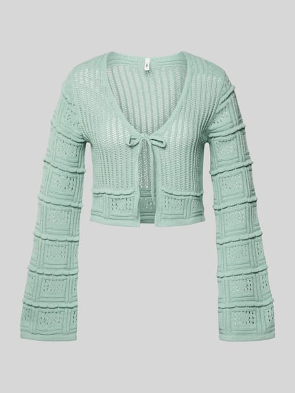 Produktfoto, Regular Fit Strickjacke aus Baumwoll-Mix Modell 'NATALIE' von Only, Optik: Unifarben, Ajour-Strick, Verschluss: Schnürung, Ärmelform: Trompetenärmel, Farbe Mintgrün, strukturierte Oberfläche
