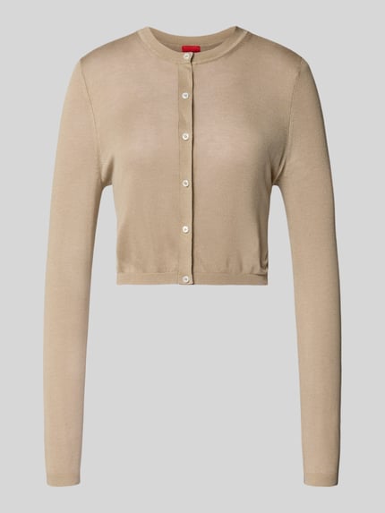 Produktfoto, Slim Fit Strickjacke aus Viskose-Seiden-Mix Modell 'SESSIRY' von HUGO in Beige, unifarben, Feinstrick, einreihige Knopfleiste