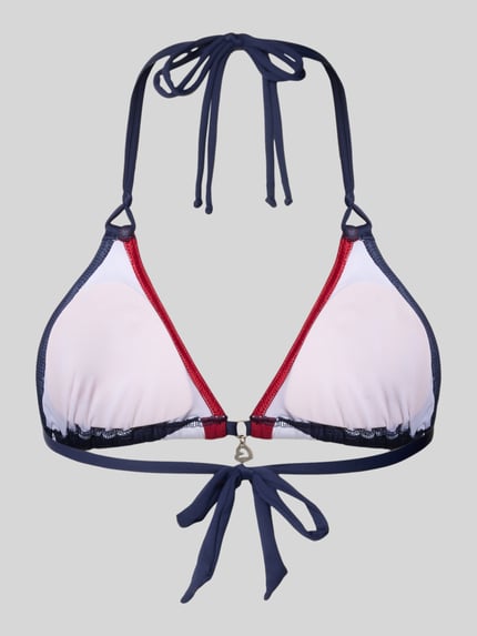 Produktfoto, Bikini-Oberteil mit Schnürung Modell 'BLUCO NAVY' von Banana Moon, mieszanka materiałów z dodatkiem streczu, dopasowany krój, kolor granatowy z białym i czerwonym, detale wiązania