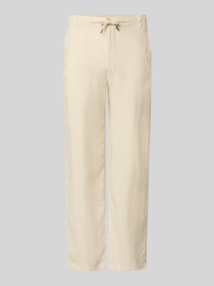 Productfoto, lichte heren Leinenhose mit Bindegürtel Modell 'KARL MYKONOS' van Jack & Jones, mix van linnen en viscose, relaxed fit, knoop- en ritssluiting, strikceintuur, steekzakken, strookzak aan de achterkant, bandwijdte maat M 41 cm, binnenbeenlengte maat M 78 cm