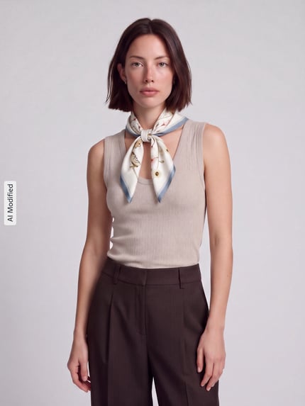 Vrouwenmodel draagt Slim Fit Top uit katoenmix van GAP, lichte beige kleur, gladde stof, eenvoudige vorm, vooraanzicht van het hele lichaam, KI-modificeerd beeld