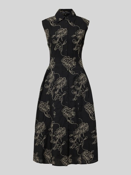 Produktfoto, Hemdblusenkleid im Allover-Look Modell 'CATARINA' von Mango aus Baumwoll-Mix, A-Linie, Midikleid, schwarzer Grund mit beigem Muster, Rückenlänge bei Größe S 129 cm, Brustweite 44 cm