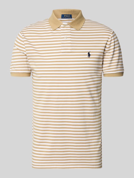 Produktfoto, Slim Fit Poloshirt aus reiner Baumwolle Modell 'YD MESH STRIPE POLO' von Polo Ralph Lauren für Herren, beige-weiße Streifen, Struktur glatt.
