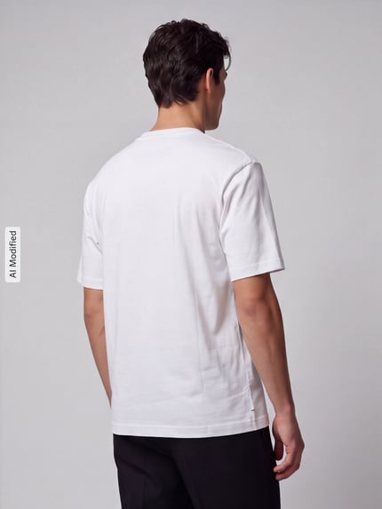 Männermodel trägt Regular Fit T-Shirt aus reiner Baumwolle Modell 'Niviotee' von HUGO, unifarben, Motiv-Stitching, Ganzkörperansicht Rückansicht, KI-modifiziertes Bild.