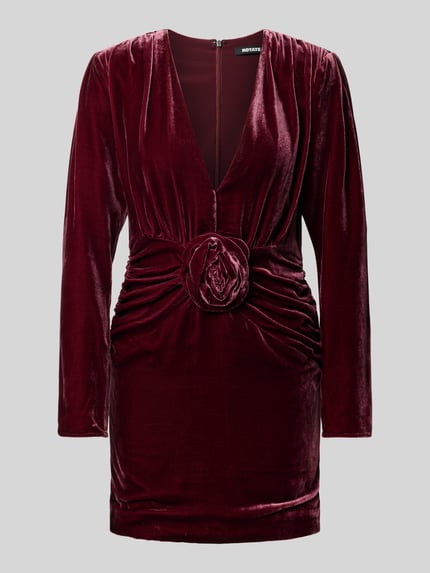 Produktfoto, Minikleid aus Viskose-Mix von ROTATE, bordeauxrot, fluweel, siergarnering met bloemenmotief, nauwsluitend, met lange mouwen