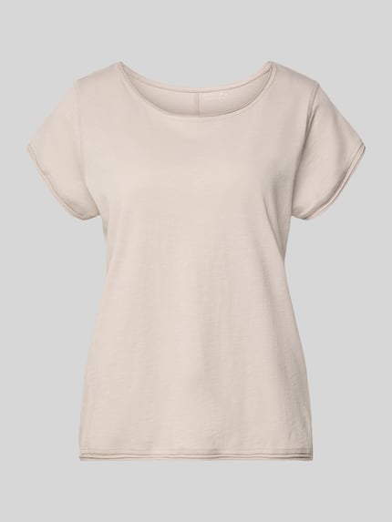 Produktfoto, T-Shirt mit Rundhalsausschnitt von Christian Berg Woman, damski t-shirt z bawełny, krój regular fit, zrolowany brzeg, długość tyłu w rozmiarze S: 61 cm, jasny beż, gładka faktura
