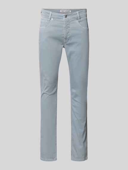 Produktfoto, Hose mit Eingrifftaschen Modell 'Arne Pipe' von MAC aus Baumwoll-Mix mit Stretch-Anteil, Slim-Fit, hellblau, glatte Textur, Knopf- und Reißverschluss, Bundweite 43 cm, Innenbeinlänge 83 cm in Größe 32/32.
